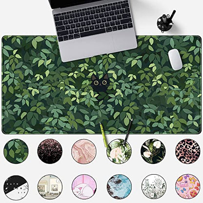 Cute Cat Kawaii Green Desk Mat - Large Gaming Mouse Pad & Keyboard Laptop Mat - Anime XL (31.5x15.7 in) - Non-Slip Base, Stitched Edges - color: Green Plants Black Cat