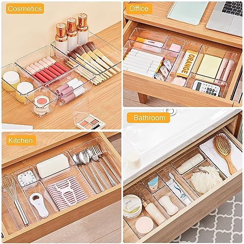 SMARTAKE 13-Piece Drawer Organizers with Non-Slip Silicone Pads, 5-Size Desk Bathroom Drawer Organizer Trays Storage Tray for Makeup, Jewelries, Utensils in Bedroom Dresser, Office and Kitchen, Clear - size: 13 PCS