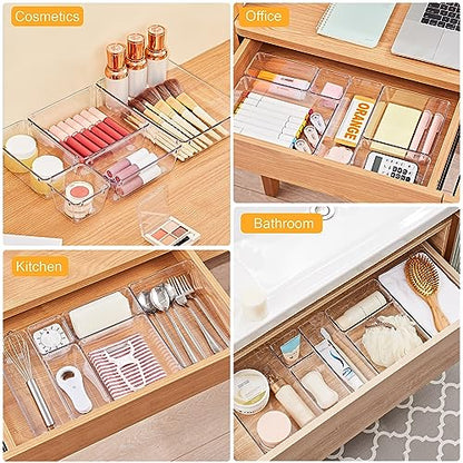 SMARTAKE 13-Piece Drawer Organizers with Non-Slip Silicone Pads, 5-Size Desk Bathroom Drawer Organizer Trays Storage Tray for Makeup, Jewelries, Utensils in Bedroom Dresser, Office and Kitchen, Clear - size: 13 PCS