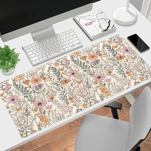 Wild Flowers Gaming Mouse Pad, Floral Cute Keyboard Mouse Mat, Full Desk Protector, Aesthetic Desk Decor 31.5"x15.75" - color: Colorful Vintage Flowers