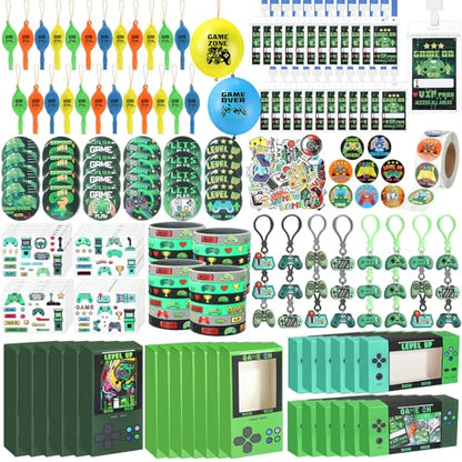 243 Pcs Video Game Party Favors for 24 Kids Gamer Goodie Bag Stuffers for Boys Gaming Birthday Party Supplies with Gift Boxes, VIP Pass, Balloons, Bracelets, Keychains, Badges, 3D Stickers - color: Green