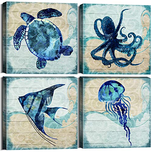 Boho Beach Bathroom Decor Navy Blue Fish Sea Turtle Jellyfish Octopus Canvas Wall Art Ocean Picture Nursery Kids Under the Sea Animal Painting for Living Room Bedroom Office Home Decorations 12x12" 4P - color: Jellyfish, size: 12x12in