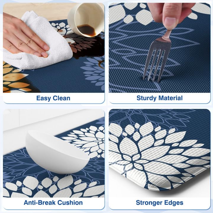Kitchen Mats, 2PCS Non-Slip Cushioned Rugs, Anti-Fatigue Waterproof Floor Rug, Washable Standing Desk Mat, Home Laundry Office Apartment Decor and Accessories (17.3" ×70" +17.3" ×30"-Blue) - size: 17.3"W×70"L+17.3"W×30"L-0.4"Th