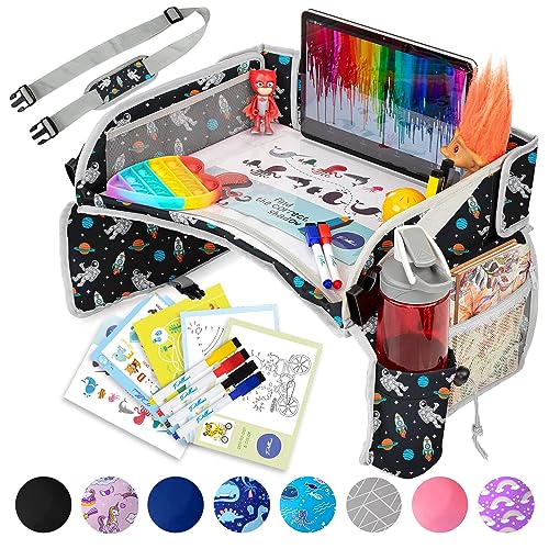 PILLANI Kids Travel Tray for Car - Car Seat Tray for Toddler, Roadtrip Essentials, Carseat Table Tray for Kids Road Trip Activities - Toddler Lap Desk Organizer for Airplane w/Dry Erase Surface - color: Space