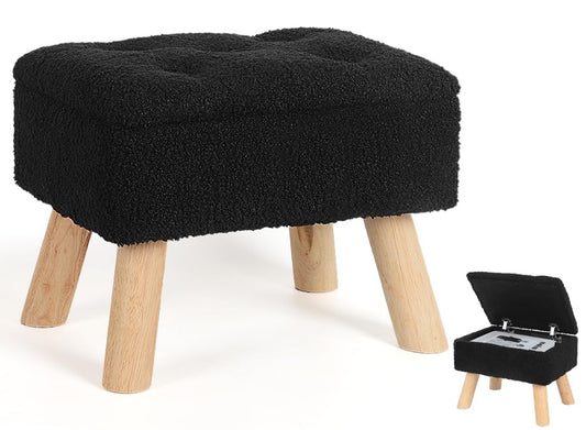 OGEMXU Storage Ottoman, Small Foot Stool Ottoman with Storage, Boucle Teddy Velvet Foot Rest with Padded Seat, Sturdy Wood Legs Stool for Living Room, Bedroom, Couch, Enterway (Black) - color: Black