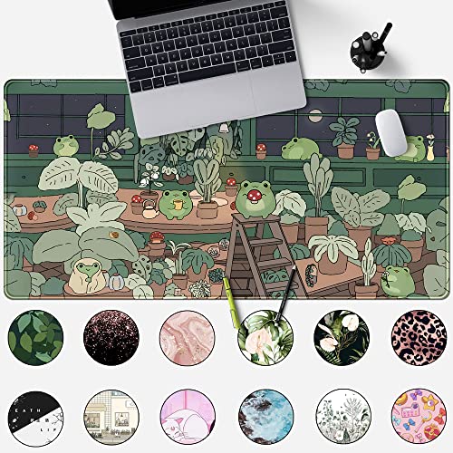 Cute Frog Mouse Pad Desk Pad Kawaii Green Desk Decor Mat, Large Gaming Mouse Pad for Desk Computer Keyboard Laptop, Home Office Accessories for Girl (31.5x15.7 in)-with Stitched Eges Pad - color: Green Bean Frog