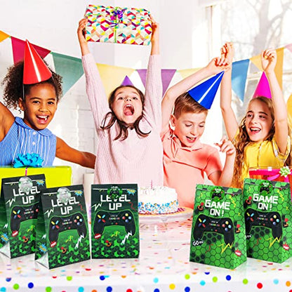 Geosar 30 Pack Video Game Party Favor Paper Bags Game on Goodie Candy Gift Bags with 30 Stickers Level up Reusable Goodie Treat Snacks Supplies for Boys Kids Gaming Birthday Party(Green) - color: Green