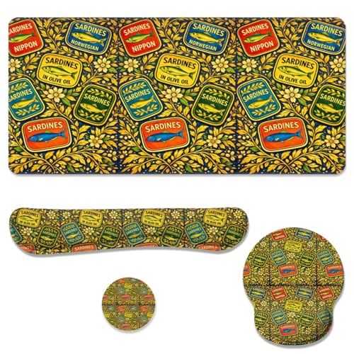 Vintage Food Desk Mat Set Sardines Retro Label Pop Art Mouse Pad with Wrist Rest 4in1 Desk Mat for Desktop Ergonomic Keyboard Wrist Support Anti-Slip Computer Ergonomic Mouse Pad Home Office Gaming - color: Vintage Food