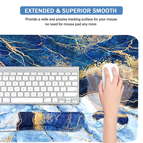 Ergonomic Large Mouse Pad and Keyboard Wrist Rest, Desk Pad for Keyboard and Mouse, 4-in-1 Large Gaming Mouse Pad with Wrist Support - Light Blue - color: Blue Gold Marble