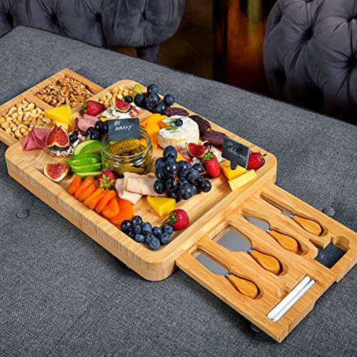 RoyalHouse Unique Bamboo Cheese Board & Knife Set with 2 Slide-Out Cutlery Drawers - Charcuterie Boards Set - Gifts for Women Birthday, Wedding Couples 2025, Bridal Shower - style: Large Cheese Board Set