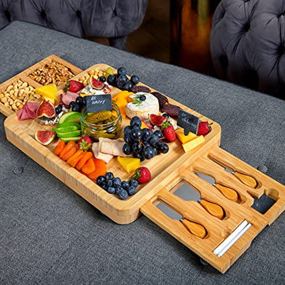 RoyalHouse Unique Bamboo Cheese Board & Knife Set with 2 Slide-Out Cutlery Drawers - Charcuterie Boards Set - Gifts for Women Birthday, Wedding Couples 2025, Bridal Shower - style: Large Cheese Board Set