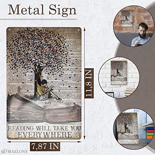 Noete Reading Will Take You Everywhere Metal Sign - Vintage Decor Girl Reading Wall Quotes Library Wall Decor Metal Signs for Home Office - Reading Sign Book Poster for Classroom Decoration
