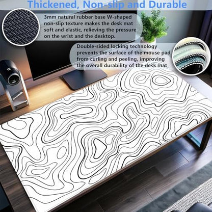 Topographic Desk Mat XL, White and Black Gaming Mouse Pad, Stitched Edges | Minimalist XL desk pad with an abstract black and white topographic print and premium anti-slip rubber backing. - color: White Topographic