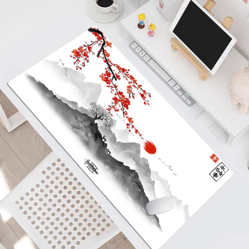 EOBTAIN Japanese Large Gaming Mouse Pad Cherry Blossom Keyboard Mat 31.5x15.7 Inch Mountain Landscape XXL Thin and Big Extended Desk Mat Smooth Non-Slip Rubber Mousepad Stitch Desk Accessories - color: Grey