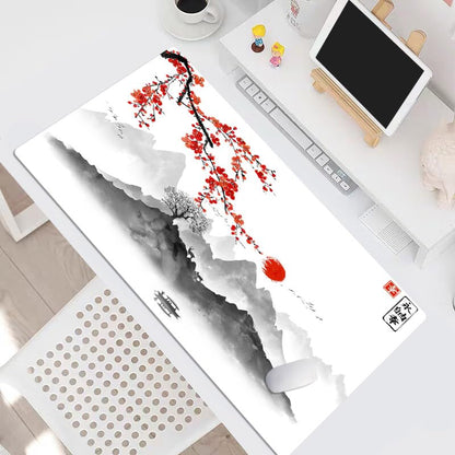 EOBTAIN Japanese Large Gaming Mouse Pad Cherry Blossom Keyboard Mat 31.5x15.7 Inch Mountain Landscape XXL Thin and Big Extended Desk Mat Smooth Non-Slip Rubber Mousepad Stitch Desk Accessories - color: Grey