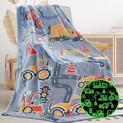 Glow in The Dark Blanket Boys Gifts for Kids Fuzzy Cozy Warm Soft Fleece Glowing Tractor Blankets for Bed Sofa Couch Unique Gifts Construction Truck Throw Blanket for Boys Teens 50"×60" - color: Fluorescent Truck, size: Throw Size 50" x 60"(130 x 150 cm)