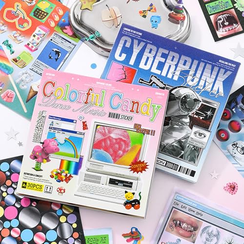 2 in 1 Sticker Book, Cyberpunk Retro Futuristic | 60 Sheets Glitter Glossy Matte Foil DIY Decorative Stickers, for Junk Journal Scrapbooking Supplies - color: Retro-futuristic 2in1