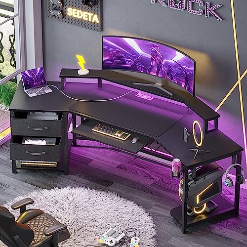SEDETA 79" Gaming Desk, Computer Desk with 2 Fabric Drawers & LED Light, L Shaped Gaming Desk with Storage Shelf for Home Office, Carbon Fiber Black - color: Carbon Fiber Black