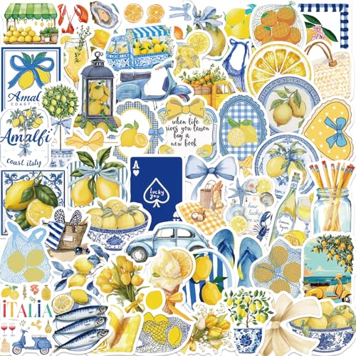 53PCS Aesthetic Lemon Stickers Mediterranean Theme Cute Cartoon Fruit Decals for Water Bottles, Laptops, Scrapbooks Vinyl Waterproof DIY Decor - color: Yellow