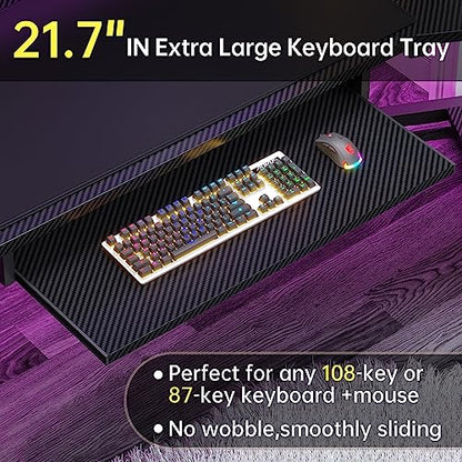 SEDETA 79" Gaming Desk, Computer Desk with 2 Fabric Drawers & LED Light, L Shaped Gaming Desk with Storage Shelf for Home Office, Carbon Fiber Black - color: Carbon Fiber Black