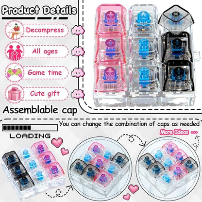 Keyboard Fidget Toy, Keyboard Keychain Fidget Toys, 9-in-1 Clicker Fidget Toy, Stress Relief Desk Decompression Button, Anxiety Relief Valentine's Day Gifts (3 Color-Clear Black Pink) - color: 3 Color-clear Black Pink