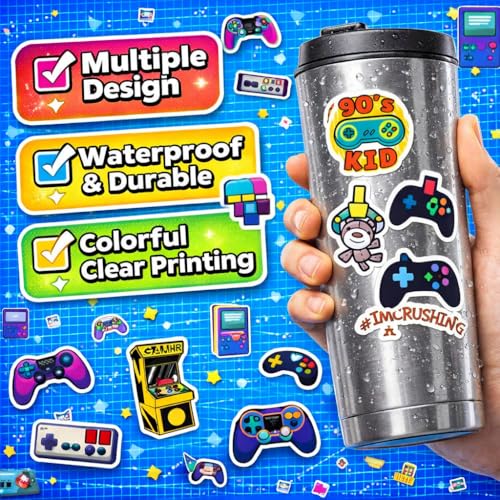 DETICKERS Game Party Favor Stickers Bulk for Boys 8–12, 200 PCS Gaming Water Bottle Stickers Waterproof Vinyl Classroom Rewards Gamer Gifts for Teen Boys - style: Game Controller