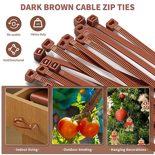 200pcs Brown Zip Ties, 12+10+8+4 Inch Heavy Duty Cable Ties with 55-22lb Strength, PA66 Self-Locking Nylon Wire Ties for Christmas Farming Fence Garden Trellis, UV Resistant - color: Dark Brown, size: 4+8+10+12 inch (200 pcs)