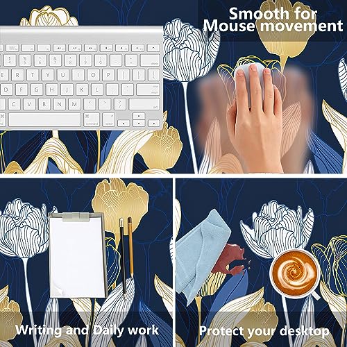 MIOAOSRT Desk Mat,Luxury Gold Tulip Flower Large Gaming Mouse Pad with Stitched Edges,Non-Slip Computer Mouse Pad for Desk,Extended XXL Keyboard and Mouse Pad 35.4x15.75 in - color: Luxury Gold Tulip Flower