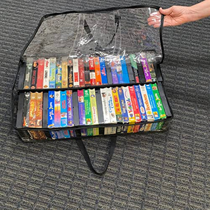 Evelots 2 Pack-VHS Movie Tape Storage Bag/Case, Clear PVC Plastic-Holds 100 Total, Strong Handles-No Dirt/Moisture/Dust - size: 2-Pack (Holds 100), style: Vhs Storage Bag