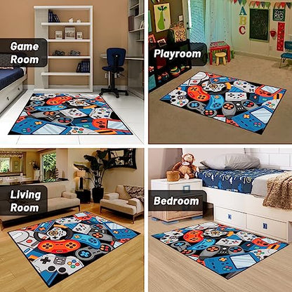 Game Area Rug Teen Boys Carpet, 3D Gaming Rugs Gamepad Controller Mat for Boys Girls Bedroom Playroom, Non-Slip Gamer Rugs Children Gaming Area Rugs (Blue, 60" x 40") - color: Blue, size: 3'4" x 5' (Rectangular)