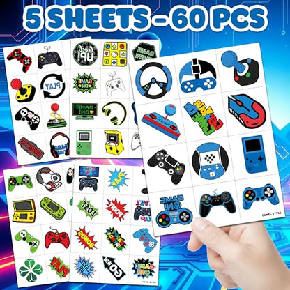60 PCS Video Game Pre-Cut Temporary Tattoos Themed for Kids Birthday Party | Decorations Supplies Favors Decor Super Cute Tattoo Stickers 5 Sheets Gifts for Boys Girls Games Classroom Rewards Carnival