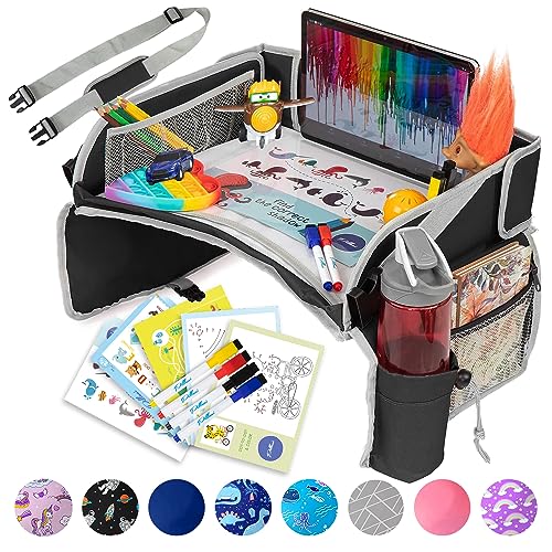 PILLANI Kids Travel Tray for Car - Car Seat Tray with Activity Sheets & Pens, Road Trip Essentials for Car & Airplane, Must Have Toddler Travel Lap Desk Accessories - Road Trip Activities for Kids - color: Black