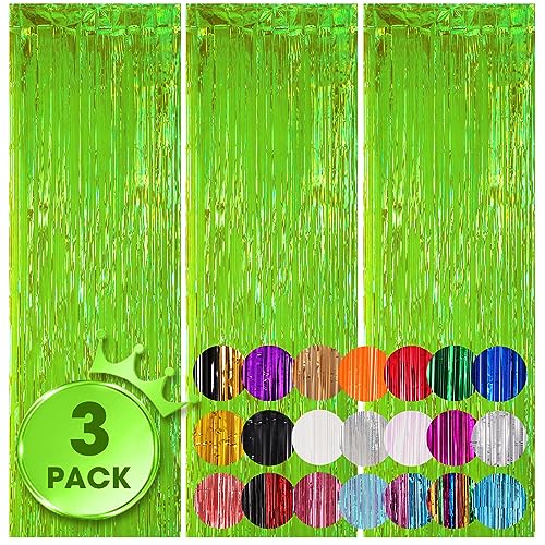 Voircoloria 3 Pack 3.3x8.2 Feet Neon Green Foil Fringe Backdrop Curtains, Tinsel Streamers Birthday Party Decorations, Fringe Backdrop for Graduation, Baby Shower, Gender Reveal, Disco Party - color: 19 Neon Green