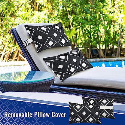 Juexica 2 Pack Chaise Lounge Pillow with Strap Outdoor Waterproof Beach Chair Neck Headrest Pillow Adjustable Elastic Band for Hammock Lumbar Recliner Pillows for Patio Pool Chair(White and Black) - style: White and Black