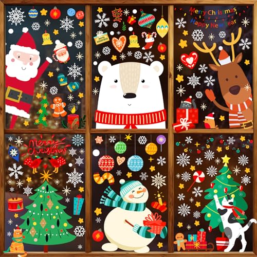 Christmas Window Clings for Glass Windows, Stickers for Window Decorations | 8 Sheets Window Decals for Home, Classroom, Kids Party Indoor, Glass Doors, Xmas Winter Holiday Decor with Santa & Snowflakes - color: Christmas