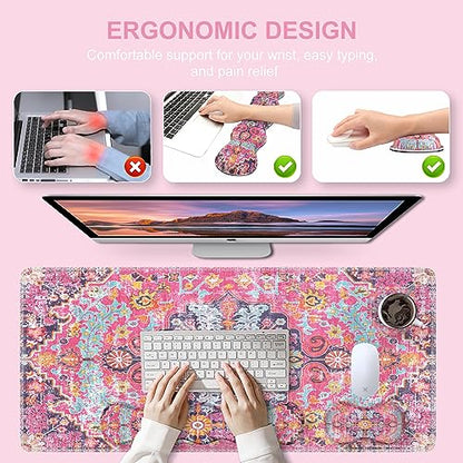 iLeadon Desk Mat Set, Mouse Pad with Wrist Rest + Keyboard Wrist Rest + Large Mouse Pad + Coaster, 4in1 Rug Large Gaming Mouse Pad Set for Home Office, Boho Retro Art - color: Boho Retro Art