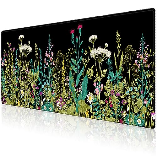 Extended Desk Mat (31.5x11.8 inch 3mm Thick), iDonzon Soft Cute Extra Large XXL Waterproof Gaming Mouse Pad with Non-Slip Rubber Base & Stitched Edges, for Working/Game, Garden Flowers - color: Black