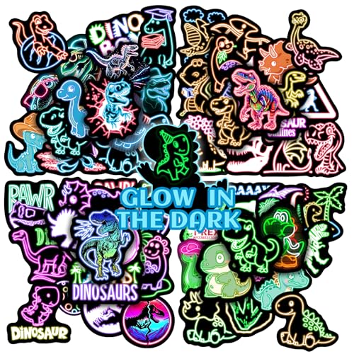 Glow in The Dark Neon Dinosaur Water Bottle Stickers for Kids，70 Pcs Dino Waterproof Vinyl Laptop Decals, Teens Girls Boys Adults Phone Case Skateboard Luggage Decor - color: Luminescent-445ksxx