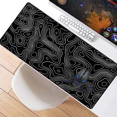 Large Gmaing Mouse Pad with Stitched Edges, Superior Micro-Weave Cloth, Non-Slip Base, Size 35.4 X 15.7X 0.12inches - Black Topographic Contour - color: Silver
