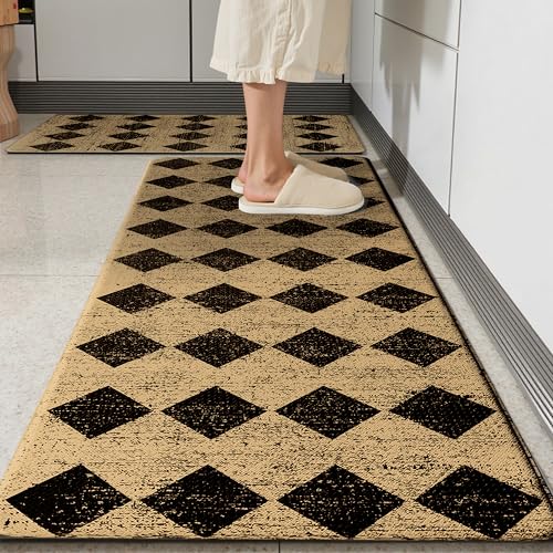 Brown Black Moroccan Trellis Checkered Kitchen Rug Sets [2 PCs], Anti-Fatigue, Waterproof Non-Slip Kitchen Mats Heavy Duty Ergonomic Comfort Foam Rug for Floor, Home, Laundry,17"x29"+17"x47" - color: Trellis-brown & Black, size: 17.3"x29"+17.3"x47"-0.4"H