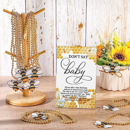 Roowest 51 Pcs Don't Say Baby Shower Game Bee Baby Game Sign Wooden Baby Shower Table Decor 50 Bee Felt Necklaces Bee Shape Necklaces for Baby Shower Winner Prizes Gender Reveal Party Favors
