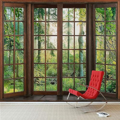 Aidatain Green Forest Natural Tapestry Window Scenery Wall Aesthetic Tapestry for Bedroom Flannel 100" L x 90" W Beach Blanket Living Dinning Room College Dorm Wall Hanging GTDJAT0094 - size: 100"L x 90"W