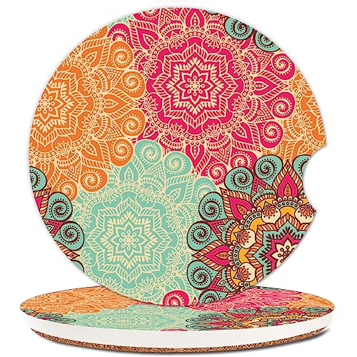Absorbent Car Cupholder Coaster 2 Pack, Cute Car Coasters with a Finger Notch for Women & Men,2.56" Ceramic Stone & Non-Scratch Cork Base Drink Coasters,Car Accessories Gifts (Mandala Flowers - color: Mandala Flowers