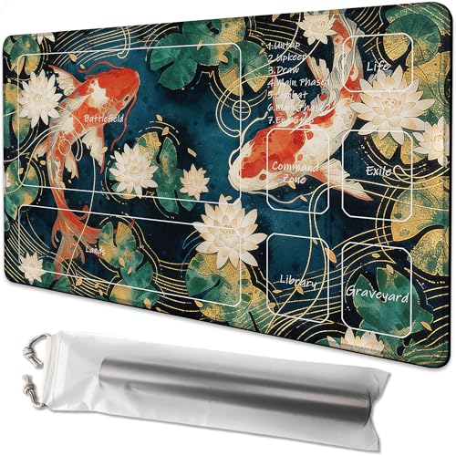 for MTG Playmat 24 x 14 Inches Lotus Leaves Koi Magic Play Mat Card Game Mat for Magic The Gathering TCG PTCG Playmat with Free Storage Bags Non-Slip Backing and Stitched Edge - color: Lotus Leaves Koi With Zones