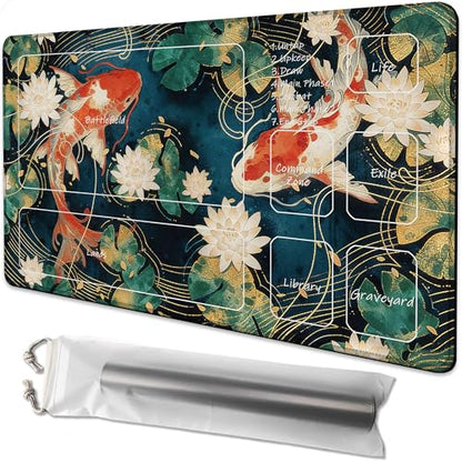 for MTG Playmat 24 x 14 Inches Lotus Leaves Koi Magic Play Mat Card Game Mat for Magic The Gathering TCG PTCG Playmat with Free Storage Bags Non-Slip Backing and Stitched Edge - color: Lotus Leaves Koi With Zones