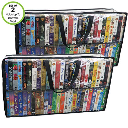 Evelots 2 Pack-VHS Movie Tape Storage Bag/Case, Clear PVC Plastic-Holds 100 Total, Strong Handles-No Dirt/Moisture/Dust - size: 2-Pack (Holds 100), style: Vhs Storage Bag