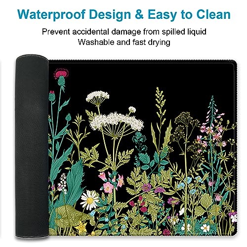 Extended Desk Mat (31.5x11.8 inch 3mm Thick), iDonzon Soft Cute Extra Large XXL Waterproof Gaming Mouse Pad with Non-Slip Rubber Base & Stitched Edges, for Working/Game, Garden Flowers - color: Black