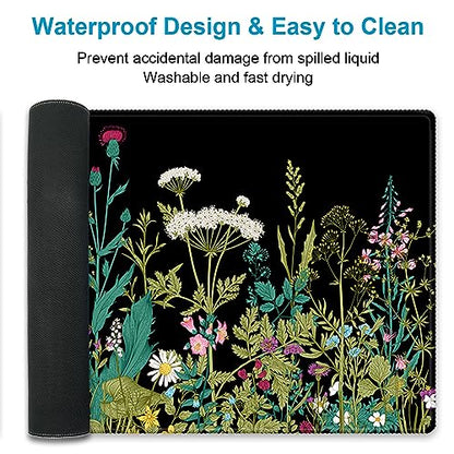 Extended Desk Mat (31.5x11.8 inch 3mm Thick), iDonzon Soft Cute Extra Large XXL Waterproof Gaming Mouse Pad with Non-Slip Rubber Base & Stitched Edges, for Working/Game, Garden Flowers - color: Black