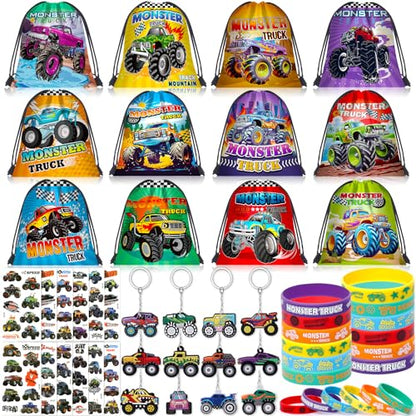SNLN Monster Truck Party Favors Birthday Supplies for Boys Kids, Drawstring Bag Silicone Bracelet Keychain Tattoo Sticker Pinata Goodie Bag Stuffers Monster Truck Birthday Party Supplies Decor - style: Monster Truck