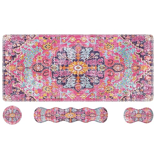 iLeadon Desk Mat Set, Mouse Pad with Wrist Rest + Keyboard Wrist Rest + Large Mouse Pad + Coaster, 4in1 Rug Large Gaming Mouse Pad Set for Home Office, Boho Retro Art - color: Boho Retro Art